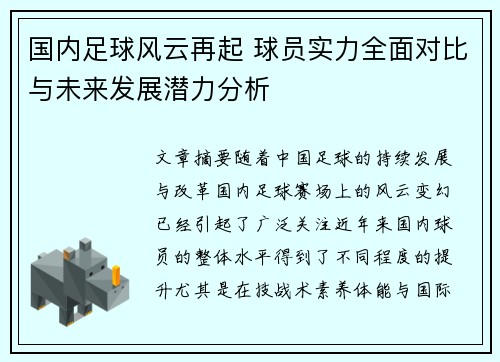 国内足球风云再起 球员实力全面对比与未来发展潜力分析