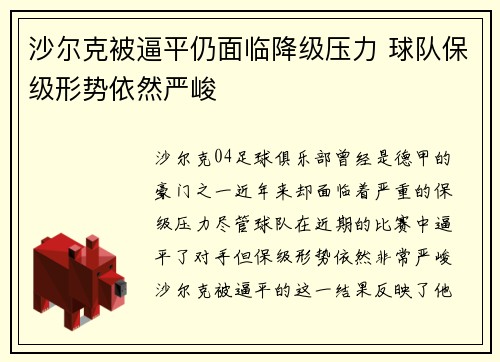 沙尔克被逼平仍面临降级压力 球队保级形势依然严峻