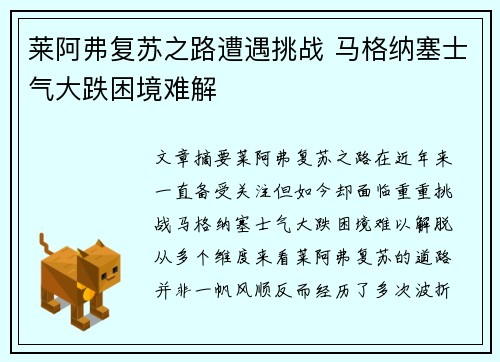 莱阿弗复苏之路遭遇挑战 马格纳塞士气大跌困境难解
