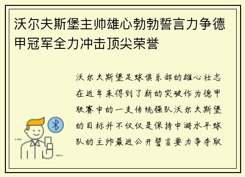 沃尔夫斯堡主帅雄心勃勃誓言力争德甲冠军全力冲击顶尖荣誉