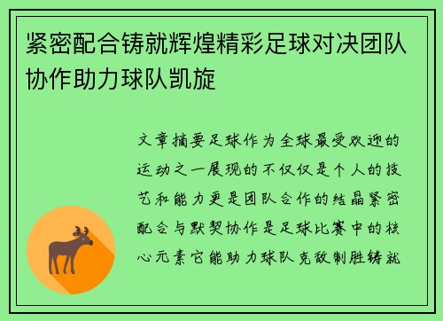 紧密配合铸就辉煌精彩足球对决团队协作助力球队凯旋