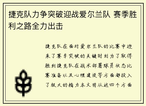 捷克队力争突破迎战爱尔兰队 赛季胜利之路全力出击
