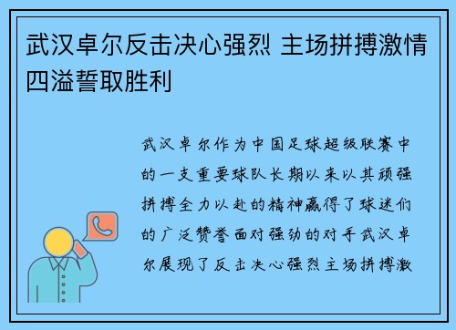 武汉卓尔反击决心强烈 主场拼搏激情四溢誓取胜利