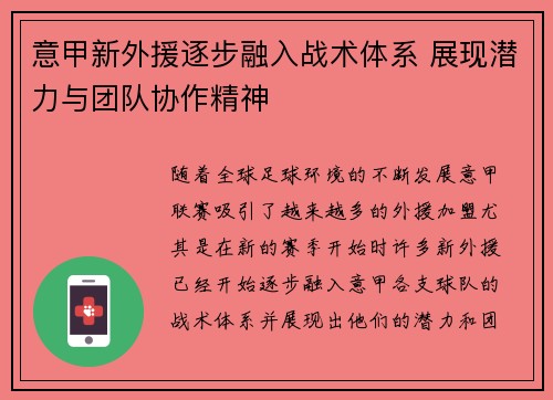 意甲新外援逐步融入战术体系 展现潜力与团队协作精神